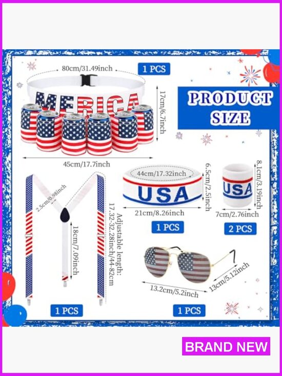 Patriotic Fanny Pack Set with Suspenders Glasses Headband Wristband 4th of July main image 6